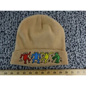 Keith Haring Foundation Licensed Beanie Hat Tan Knit Dancing Figures